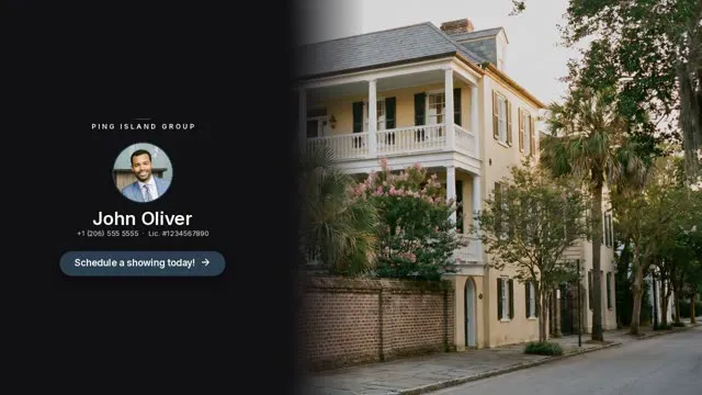 The branded closing frame ListingMotion adds: brokerage name, agent headshot, phone, license, and a schedule-a-showing button.