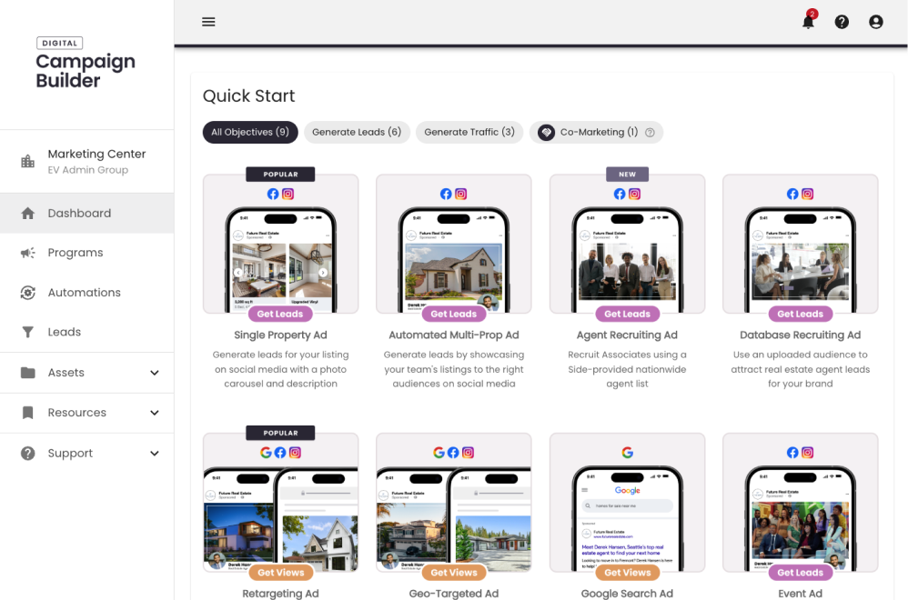 The Side Digital Campaign Builder dashboard, powered by Evocalize