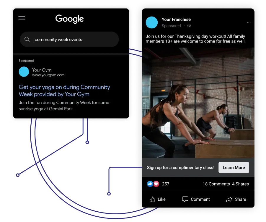 Two ad examples of events near a specific location and a holiday coming up. 