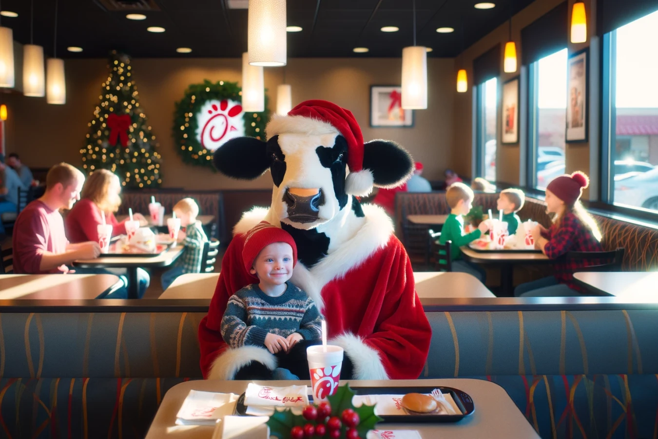 Hospitality excellence - Chick-Fil-A cow dressed up as Santa in a Chick-Fil-A restaurant