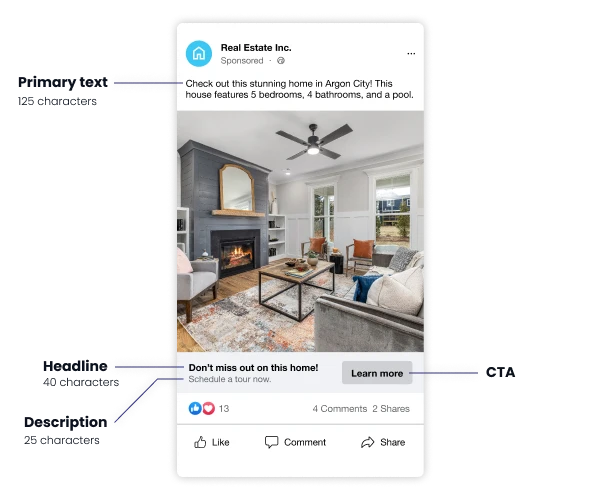 Facebook ad headline and primary text character limits