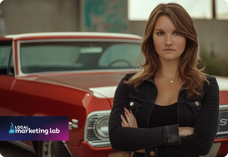 Community-driven marketing; AI image of Christin Marvin with a vintage car