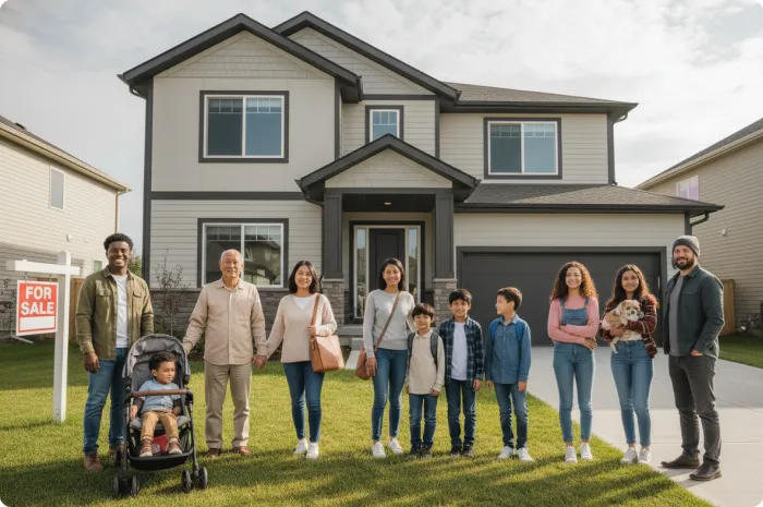 People in front of a house