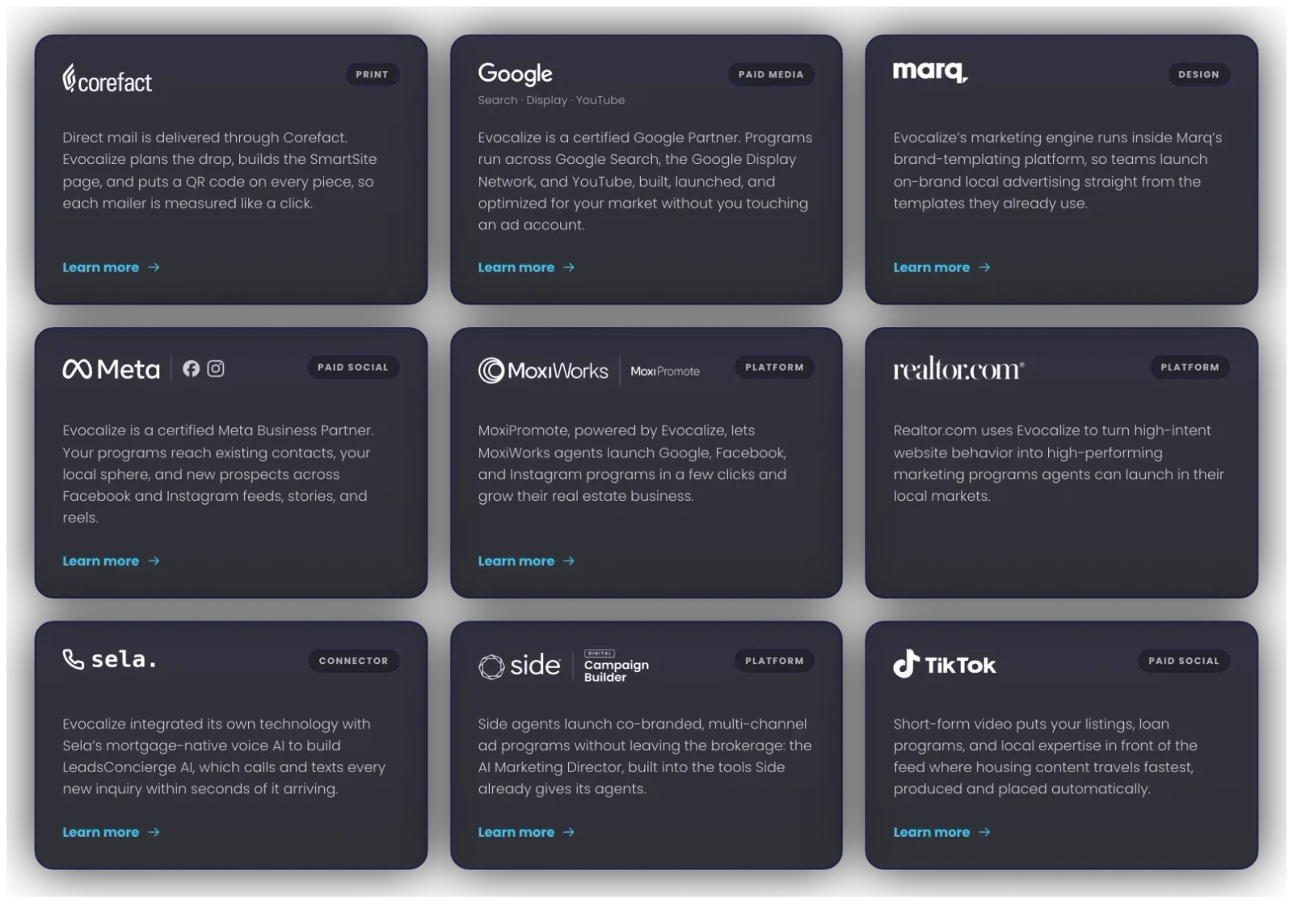 Connector grid showing the systems an execution platform runs through: Google, Meta, TikTok, Corefact direct mail, Marq design templates, MoxiWorks, Realtor.com, Side, and Sela voice AI