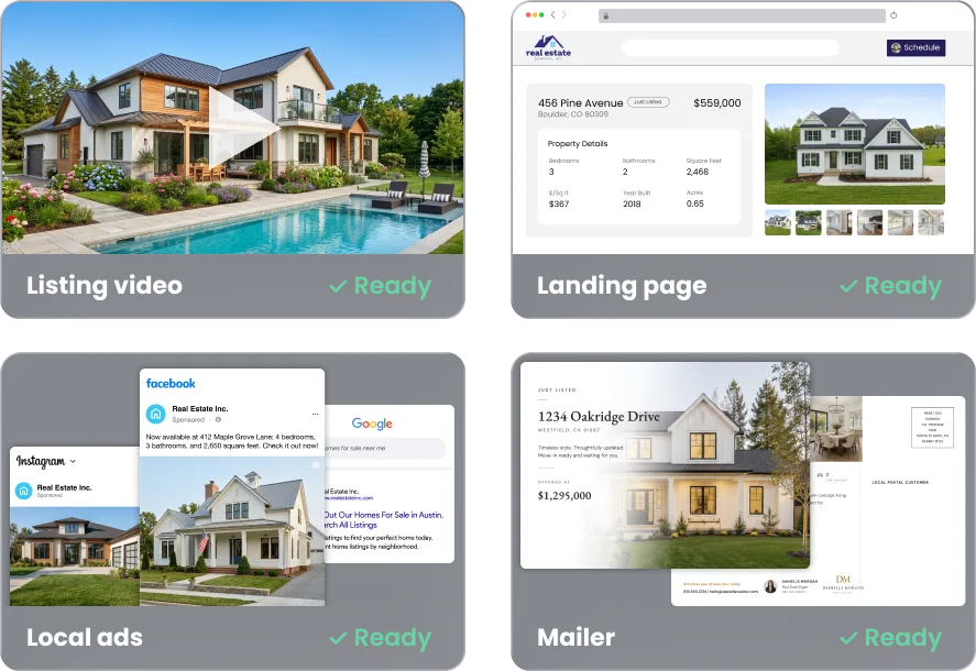 A full set of Evocalize marketing assets generated for one listing: listing video, landing page, local ads, and a direct mailer, all marked ready
