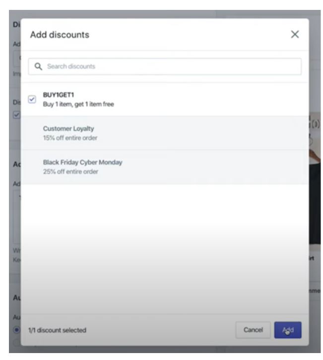 Screenshot of add discounts for Facebook
