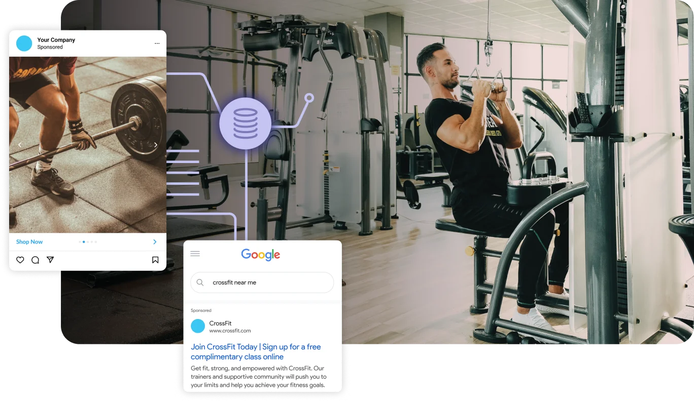 Person working out at a gym with two paid ads about the gym.