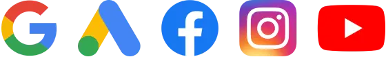 Digital marketing channel logos for Google Search, Google Display, Facebook, Instagram, and YouTube