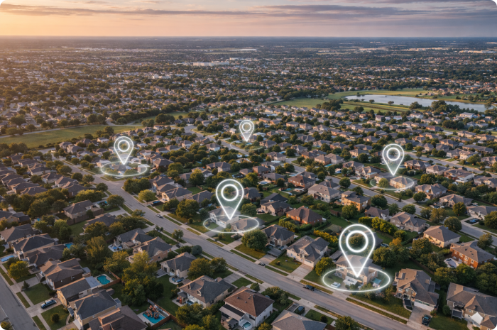 Aerial view of neighborhood with five homes highlighted