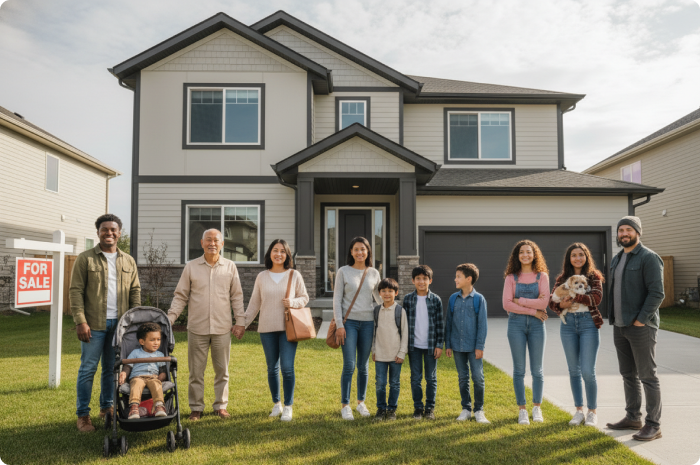 People in front of a house